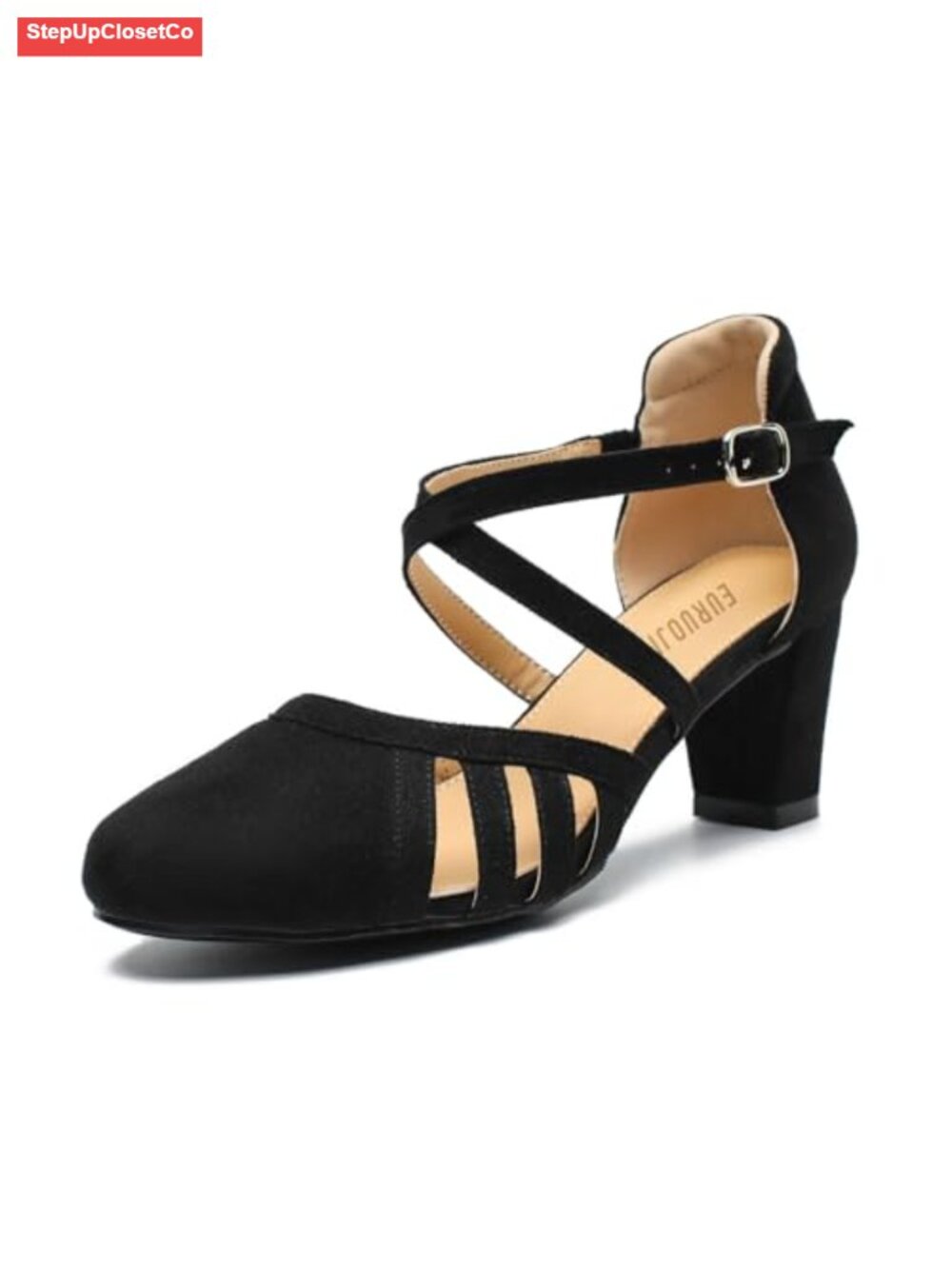 Women's Low Block Heel Dress Pumps Suede Closed Toe Cross Strap Comfortable